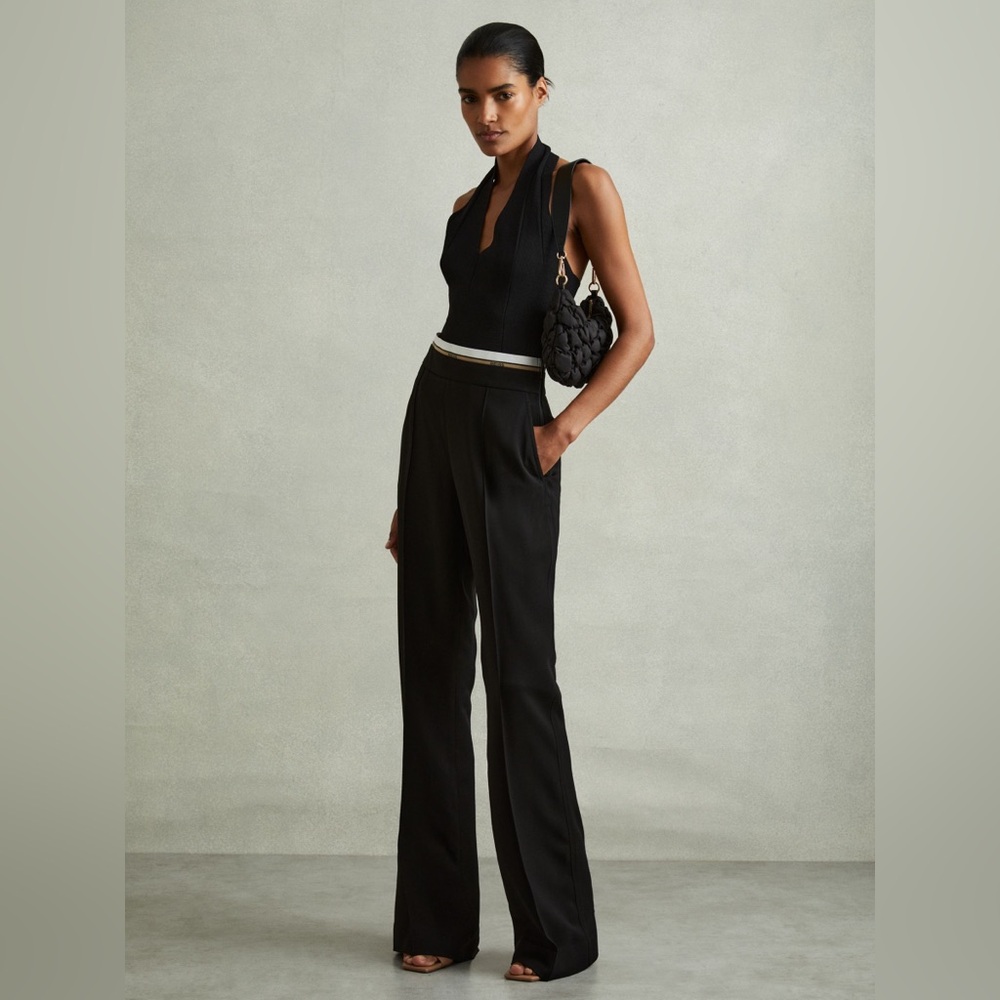 Reiss Sian Waistband Detail Wide Leg Trousers in Black size 10 BNWOT